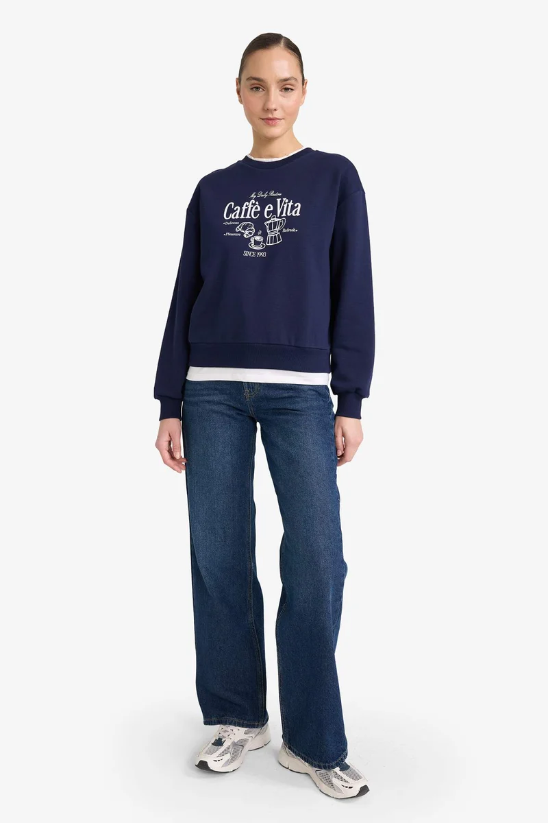 ديفاكتو Relax Fit Printed Polo Neck Thick Sweatshirt