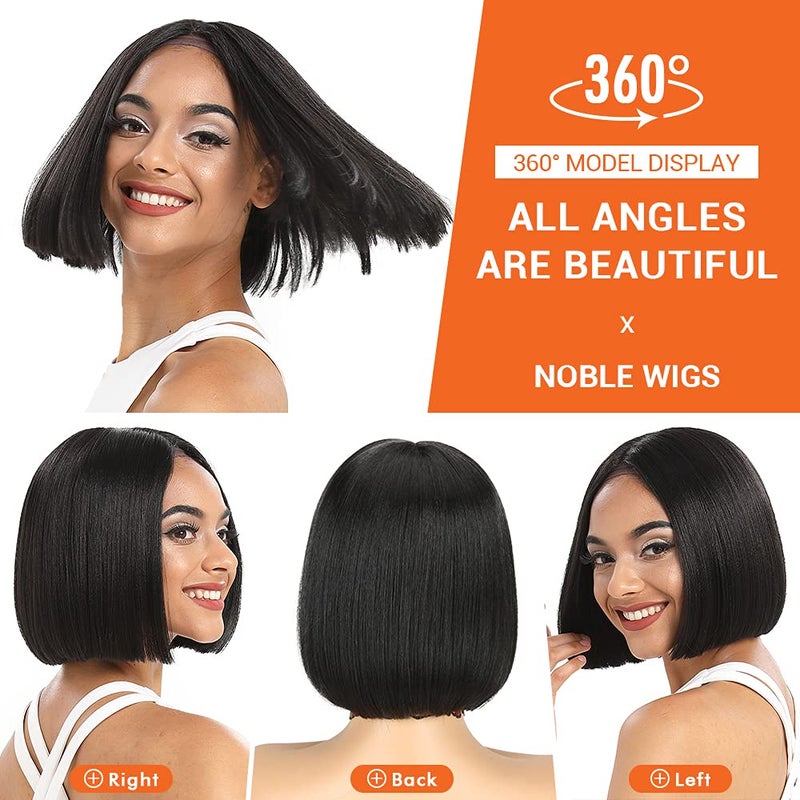 NOBLE Bob Wig Short Straight Synthetic Wig with Side Part Blunt Cut T-Lace Short Wig 10 Inch Side Part Black Wigs for Women Daily Wear - Image 2