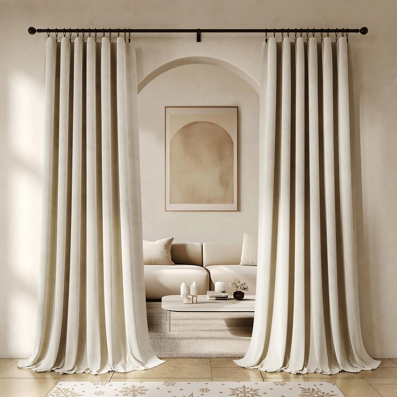 Beauoop Beige Velvet Curtains 84 Inches Long 2 Panels for Bedroom Living Room Soft Luxury Room Darkening Thermal Insulated Soundproof Rod Pocket Window Treatments Drapes, 52X84 Set of 2 - Image 1