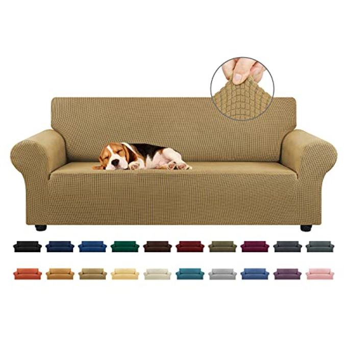 KEKUOU Stretch Sofa Cover Slipcover Couch Covers for 3 Cushion Couch Sofa pet Friendly (79"-94") Furniture Protector Sofa with Elastic Bottom for Kids,Dog, Jacquard Small Checked(Large,Tan) - Image 4