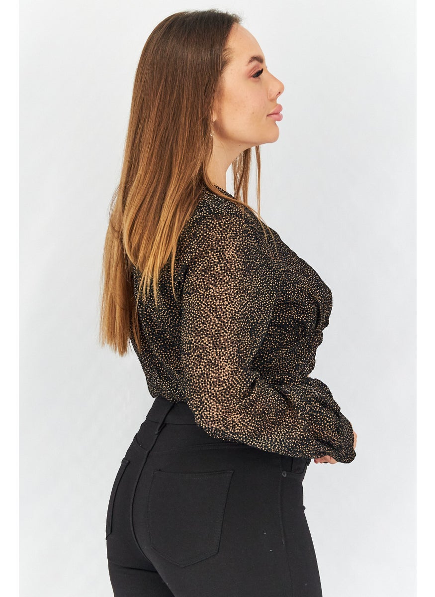 Koco & K Women V-Neck Long Sleeves Polka Dots Crop Top, Black  - Image 3