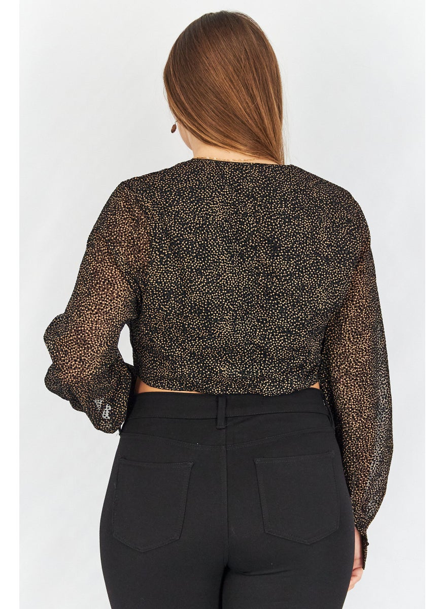 Koco & K Women V-Neck Long Sleeves Polka Dots Crop Top, Black  - Image 2
