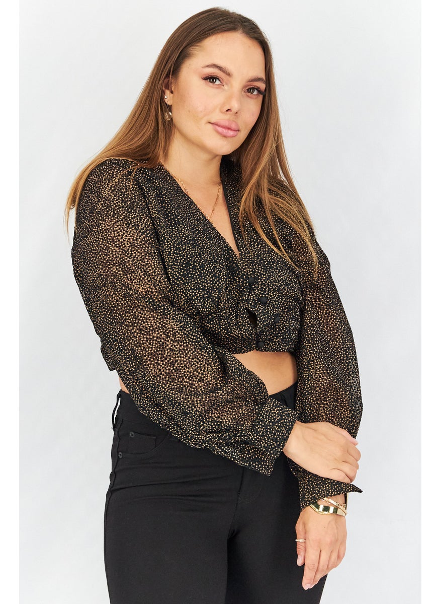 Koco & K Women V-Neck Long Sleeves Polka Dots Crop Top, Black  - Image 1