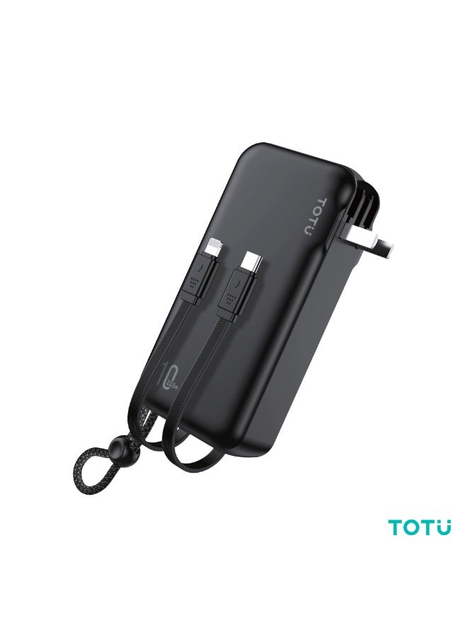 TOTU 22.5W Fast Charging Power Bank 10000mAh with Built-In Cables & UK AC Wall Plug, Compact Portable Charger with Intelligent Smart Chip - Black - Image 1