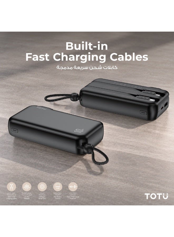 TOTU 22.5W Fast Charging Power Bank 10000mAh with Built-In Cables & UK AC Wall Plug, Compact Portable Charger with Intelligent Smart Chip - Black - Image 4