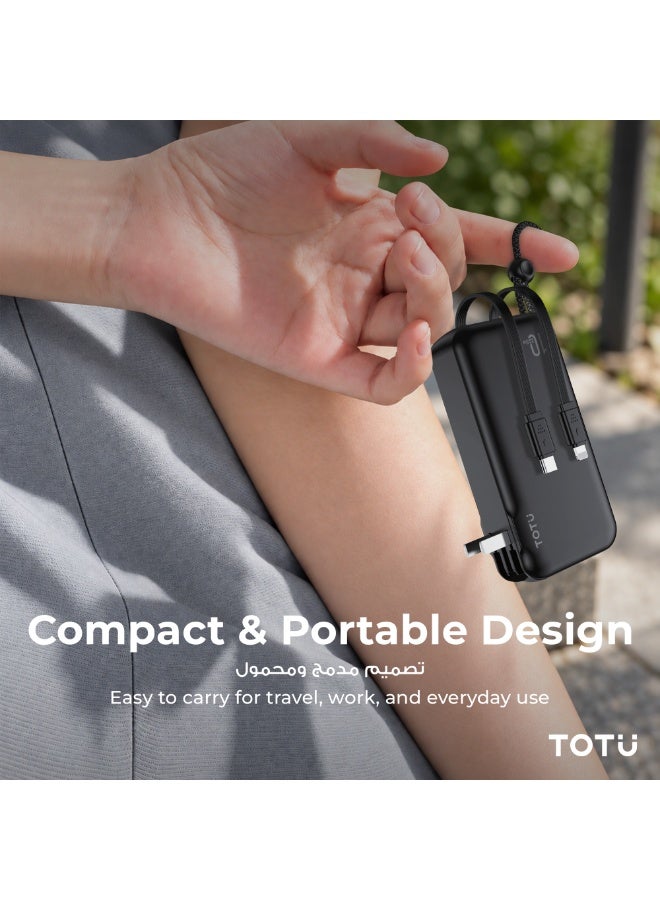 TOTU 22.5W Fast Charging Power Bank 10000mAh with Built-In Cables & UK AC Wall Plug, Compact Portable Charger with Intelligent Smart Chip - Black - Image 5