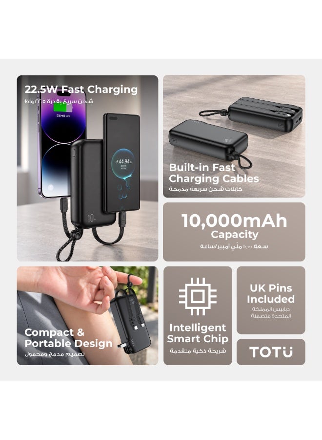 TOTU 22.5W Fast Charging Power Bank 10000mAh with Built-In Cables & UK AC Wall Plug, Compact Portable Charger with Intelligent Smart Chip - Black - Image 2