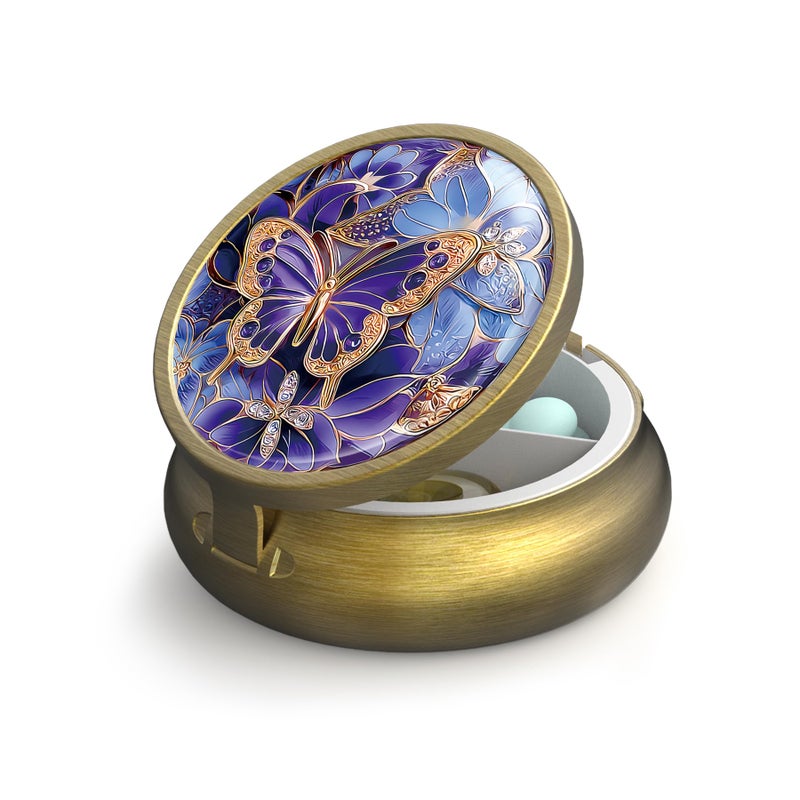 VANCANYOHO Small Pill Case Pill Box with Mirror Retro 3 Compartment Pill Holder for Purse or Pocket Bronze Portable Medicine Vitamin Container Fish Oil and Supplement Storage BPA-Free(Purple Butterfly) - Image 1