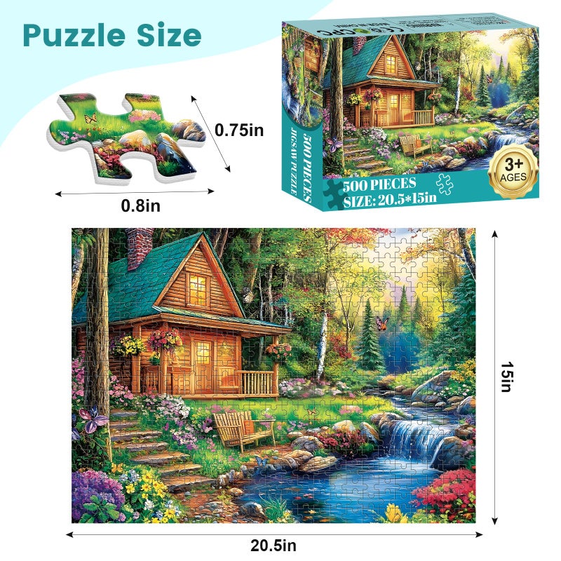 VOLUVOLU 500 Pieces Jigsaw Puzzles for Adults, Forest Cabin Puzzle for Adults Seniors, River Flowers Puzzle 500 Pieces, Gift for Birthday, Home Decor, Fun for Family Entertainment(20.5 * 15 in) - Image 2