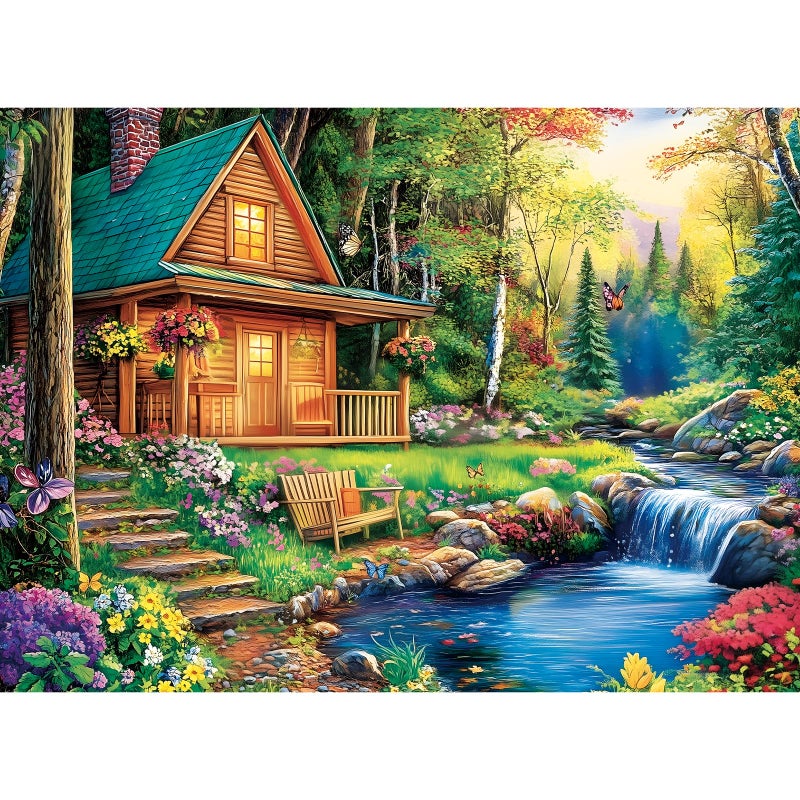 VOLUVOLU 500 Pieces Jigsaw Puzzles for Adults, Forest Cabin Puzzle for Adults Seniors, River Flowers Puzzle 500 Pieces, Gift for Birthday, Home Decor, Fun for Family Entertainment(20.5 * 15 in) - Image 1