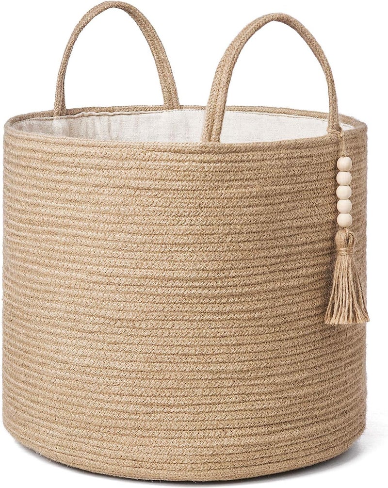 Mkono Woven Storage Basket Decorative Natural Rope Basket Wooden Bead Decoration for Blankets,Toys,Clothes,Shoes,Plant Organizer Bin with Handles Living Room Home Decor, Jute, 16" W × 13.8"L - Image 1