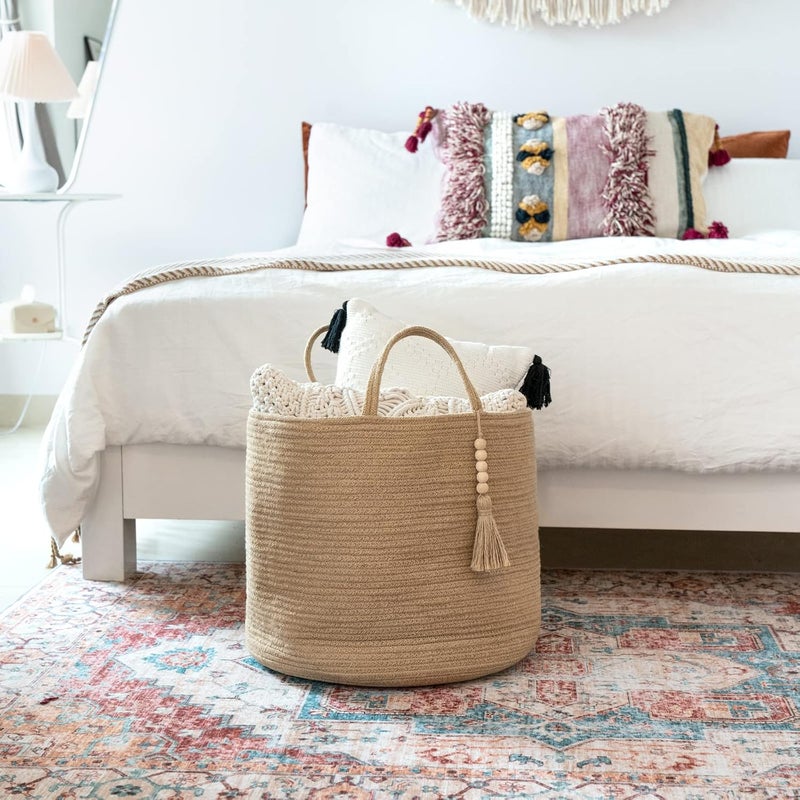 Mkono Woven Storage Basket Decorative Natural Rope Basket Wooden Bead Decoration for Blankets,Toys,Clothes,Shoes,Plant Organizer Bin with Handles Living Room Home Decor, Jute, 16" W × 13.8"L - Image 4