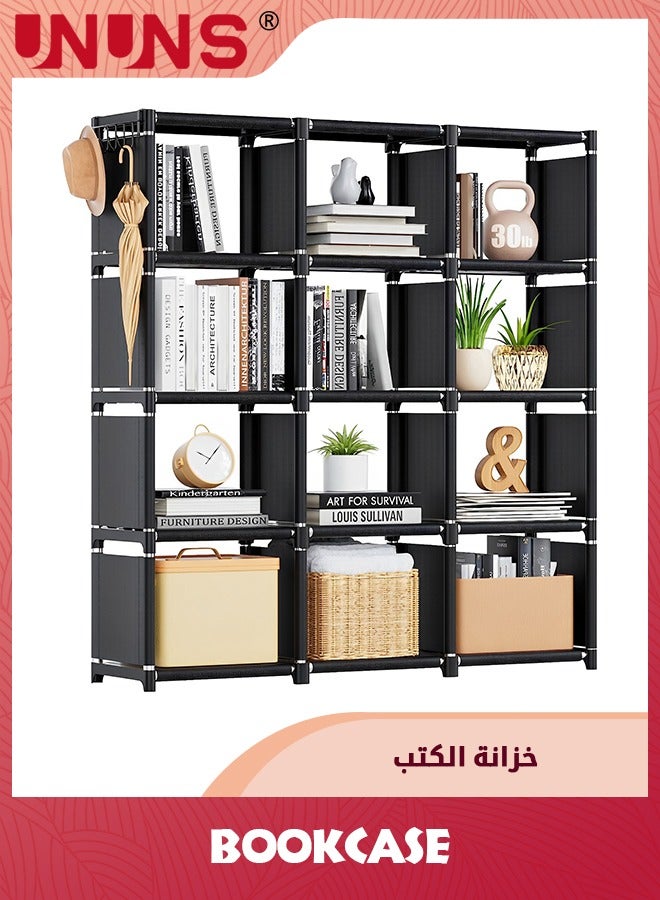 UNUNS Book Shelf,12 Cube Storage Organizer,DIY Bookcase,Metal Cube Bookshelf,Tall Book case For Bedroom,Living Room,Office,Closet Storage Organizer,Black Cubicle Storage Rack - Image 1