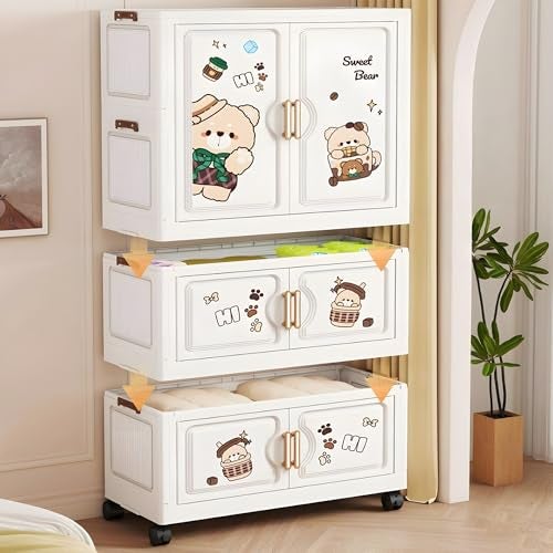 Mevigo 3-Door Plastic Wardrobe for Kids| Almirah and Wardrobe for Baby Clothes| Modular Storage Cabinet with Wheel Organizer for Cupboard Rack for Clothes/Shoes/Books/Toy -Bear-K70212 - Image 4