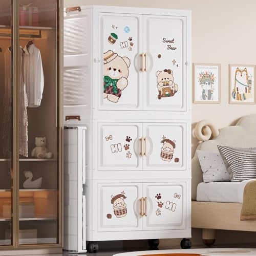 Mevigo 3-Door Plastic Wardrobe for Kids| Almirah and Wardrobe for Baby Clothes| Modular Storage Cabinet with Wheel Organizer for Cupboard Rack for Clothes/Shoes/Books/Toy -Bear-K70212 - Image 2
