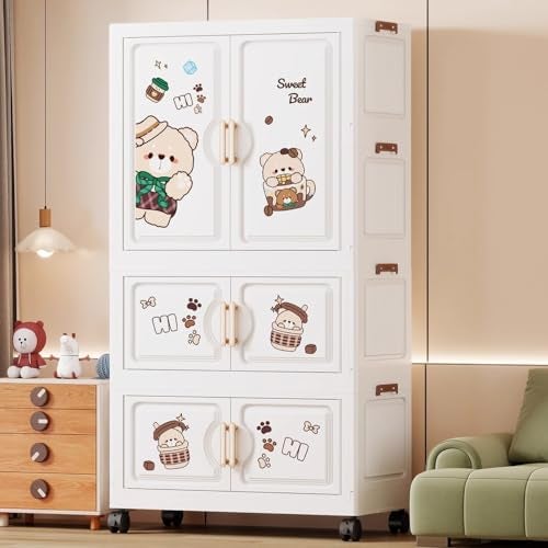 Mevigo 3-Door Plastic Wardrobe for Kids| Almirah and Wardrobe for Baby Clothes| Modular Storage Cabinet with Wheel Organizer for Cupboard Rack for Clothes/Shoes/Books/Toy -Bear-K70212 - Image 1