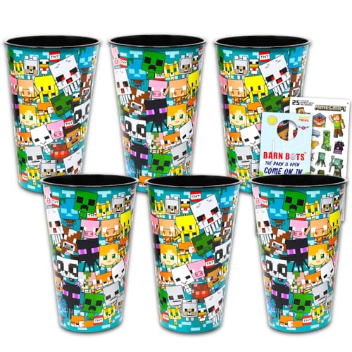 Minecraft Reusable Tumbler Cup Pack - Video Game Party Favor 6 Piece Bundle with 24 Oz Cups Plus Stickers, More | Bulk Minecraft Water Tumblers - Image 1