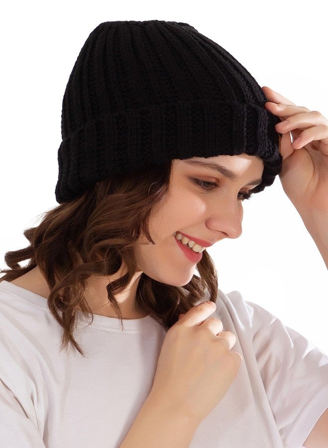 HIVER Acrylic Switz Winter Cap for Women Fleece Lined Beanie Knit Chunky Womens Snow Cap | Womens Knit Cuffed Beanie Cap Stretch Ribbed Acrylic Winter Ski Cap | Free Size (Black) - Image 4