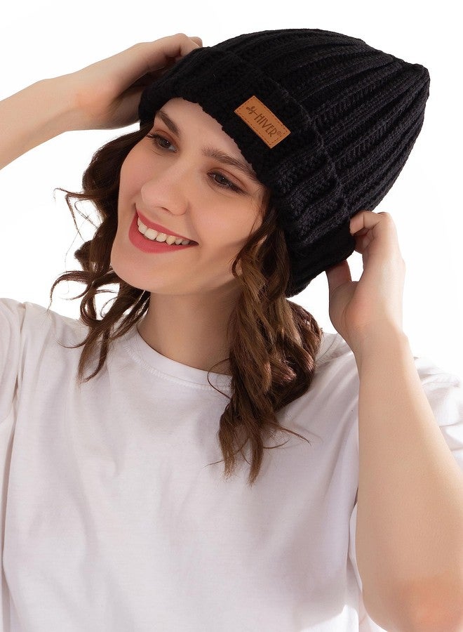 HIVER Acrylic Switz Winter Cap for Women Fleece Lined Beanie Knit Chunky Womens Snow Cap | Womens Knit Cuffed Beanie Cap Stretch Ribbed Acrylic Winter Ski Cap | Free Size (Black) - Image 3