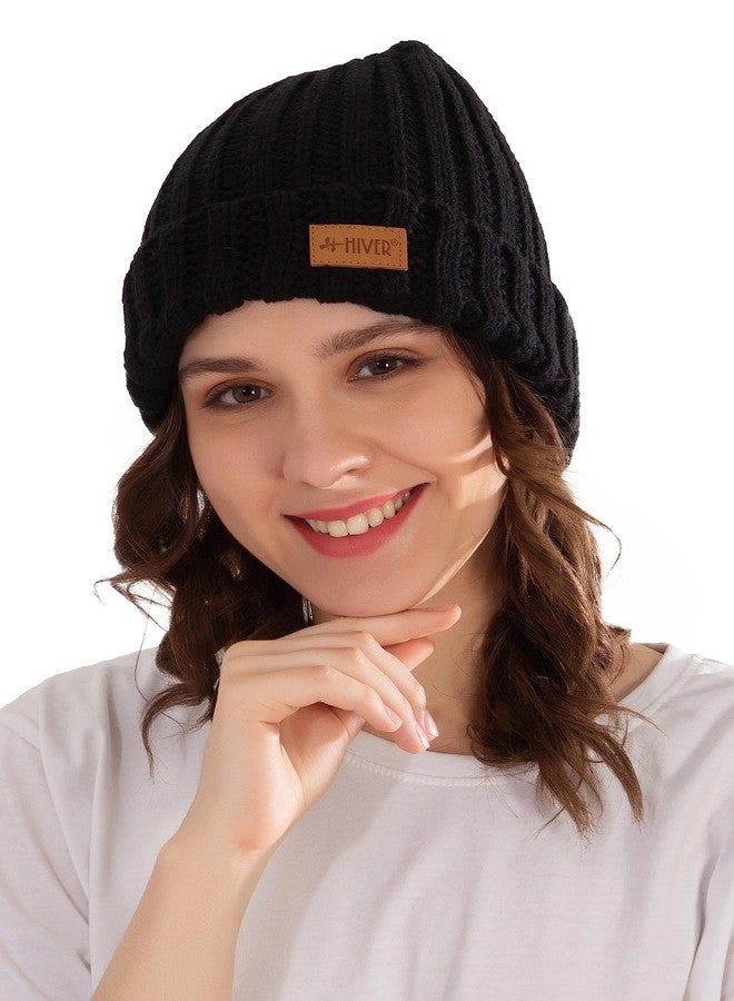 HIVER Acrylic Switz Winter Cap for Women Fleece Lined Beanie Knit Chunky Womens Snow Cap | Womens Knit Cuffed Beanie Cap Stretch Ribbed Acrylic Winter Ski Cap | Free Size (Black) - Image 1