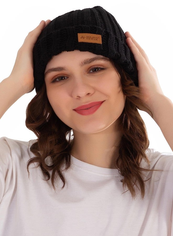 HIVER Acrylic Switz Winter Cap for Women Fleece Lined Beanie Knit Chunky Womens Snow Cap | Womens Knit Cuffed Beanie Cap Stretch Ribbed Acrylic Winter Ski Cap | Free Size (Black) - Image 2