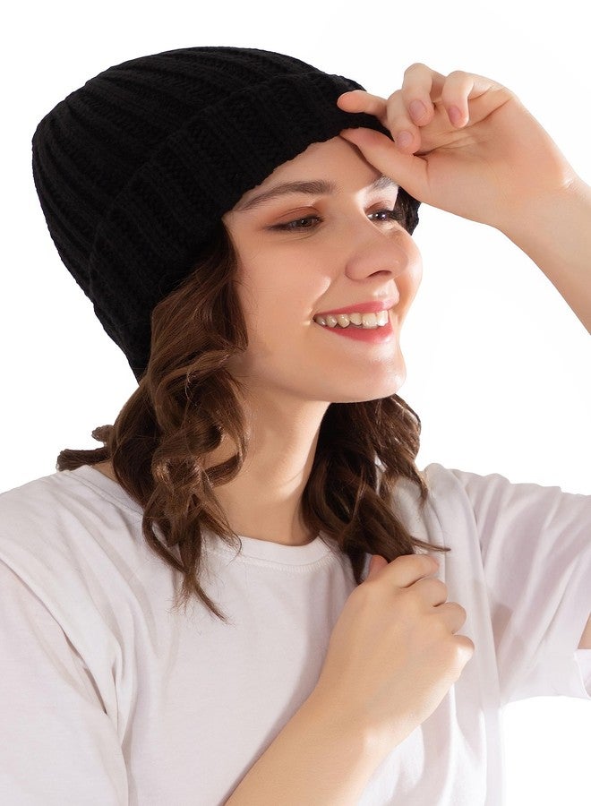 HIVER Acrylic Switz Winter Cap for Women Fleece Lined Beanie Knit Chunky Womens Snow Cap | Womens Knit Cuffed Beanie Cap Stretch Ribbed Acrylic Winter Ski Cap | Free Size (Black) - Image 5