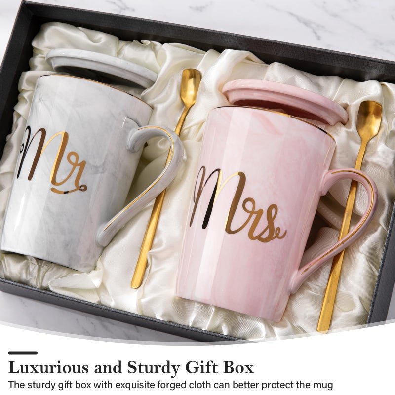 Biching Wedding Gifts for Couples 2026, Gifts for Bridal Shower Engagement Bride and Groom Anniversary, 14oz Ceramic Marble Mr and Mrs Mugs Set with Real Gold Foil, Greeting Card, Luxury Gift Box - Image 2