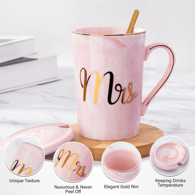 Biching Wedding Gifts for Couples 2026, Gifts for Bridal Shower Engagement Bride and Groom Anniversary, 14oz Ceramic Marble Mr and Mrs Mugs Set with Real Gold Foil, Greeting Card, Luxury Gift Box - Image 4