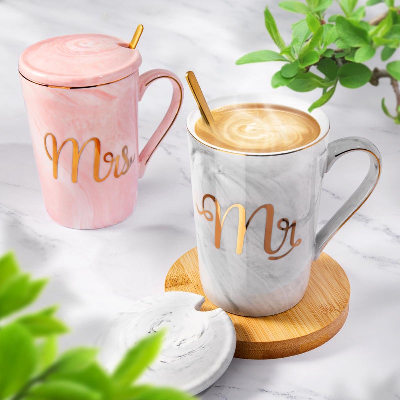 Biching Wedding Gifts for Couples 2026, Gifts for Bridal Shower Engagement Bride and Groom Anniversary, 14oz Ceramic Marble Mr and Mrs Mugs Set with Real Gold Foil, Greeting Card, Luxury Gift Box - Image 5