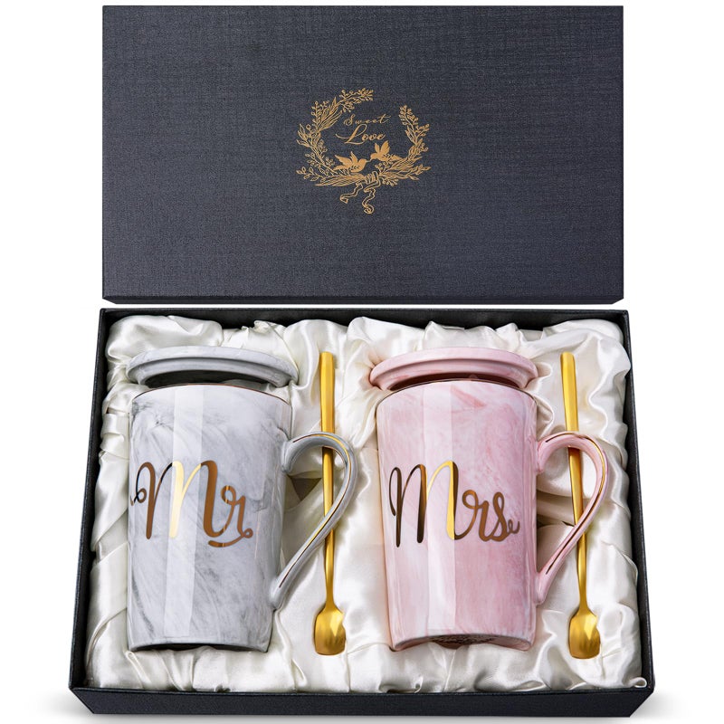 Biching Wedding Gifts for Couples 2026, Gifts for Bridal Shower Engagement Bride and Groom Anniversary, 14oz Ceramic Marble Mr and Mrs Mugs Set with Real Gold Foil, Greeting Card, Luxury Gift Box - Image 1