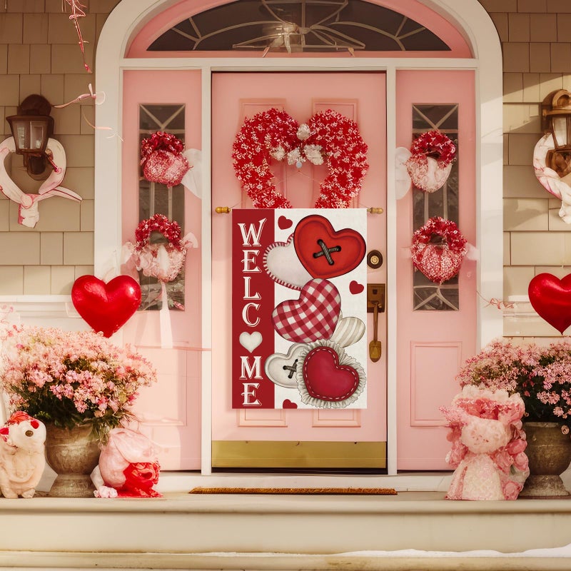 ZAEW Welcome Valentineâ€™s Day Romantic Love Hearts House Flag Big Large Burlap 28X40 Inch Vertical Double Sided Outside Yard Holiday Outdoor Farmhouse Decoration - Image 2