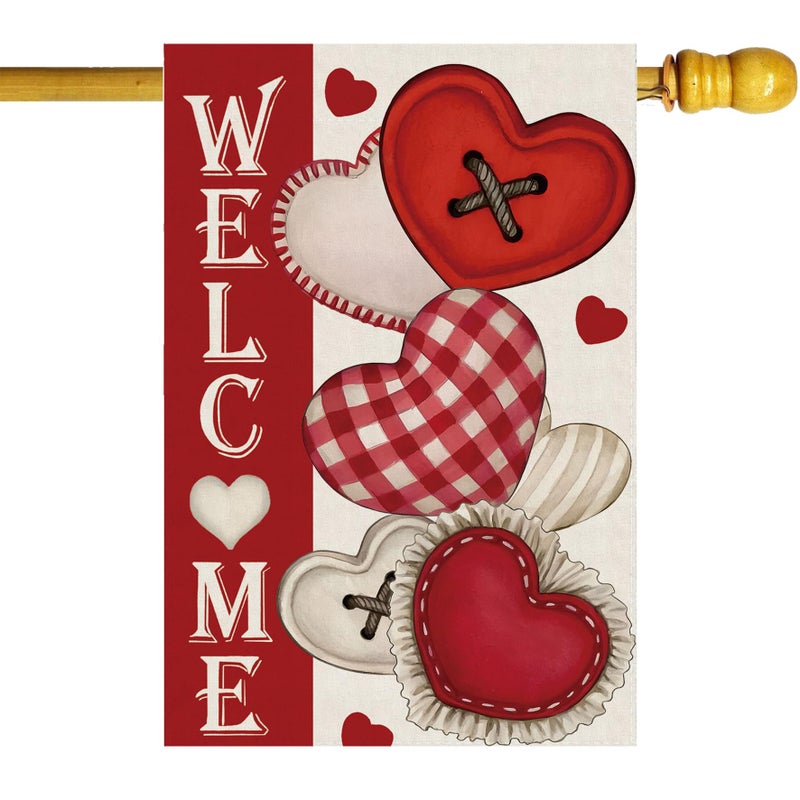 ZAEW Welcome Valentineâ€™s Day Romantic Love Hearts House Flag Big Large Burlap 28X40 Inch Vertical Double Sided Outside Yard Holiday Outdoor Farmhouse Decoration - Image 1