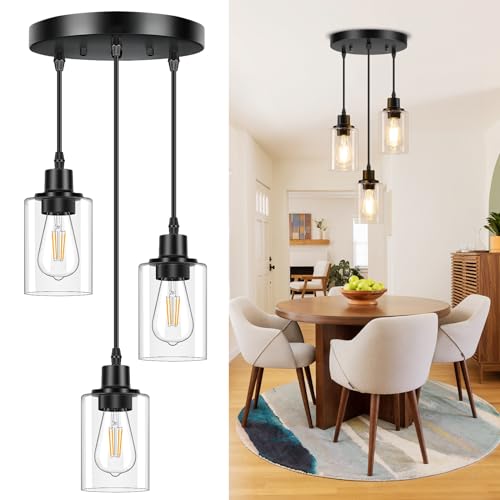 Licperron 3-Light Pendant Light Fixtures, Black Pendant Lights Kitchen Island, Adjustable Pendant Lighting with Clear Glass Shade, Modern Hanging Light Fixtures for Dining Room, Hallway, Living Room - Image 1