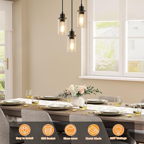 Licperron 3-Light Pendant Light Fixtures, Black Pendant Lights Kitchen Island, Adjustable Pendant Lighting with Clear Glass Shade, Modern Hanging Light Fixtures for Dining Room, Hallway, Living Room - Image 3