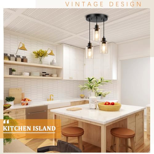 Licperron 3-Light Pendant Light Fixtures, Black Pendant Lights Kitchen Island, Adjustable Pendant Lighting with Clear Glass Shade, Modern Hanging Light Fixtures for Dining Room, Hallway, Living Room - Image 4