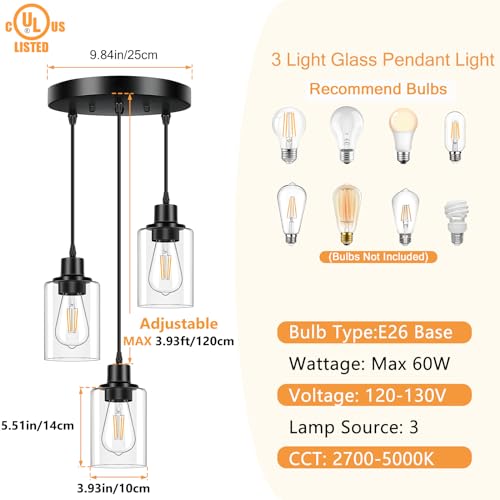 Licperron 3-Light Pendant Light Fixtures, Black Pendant Lights Kitchen Island, Adjustable Pendant Lighting with Clear Glass Shade, Modern Hanging Light Fixtures for Dining Room, Hallway, Living Room - Image 2
