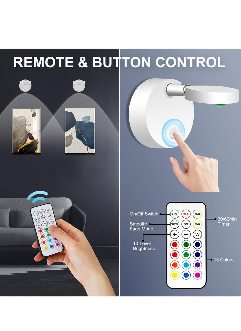 2Pack LED Spotlights Uplighting Accent Spotlights USB Rechargeable Picture Lights with Remote 13 Colors Dimmable 10 Brightness Levels 360 Degrees Rotatable Head for Paintings Wall Artwork Closet - Image 2