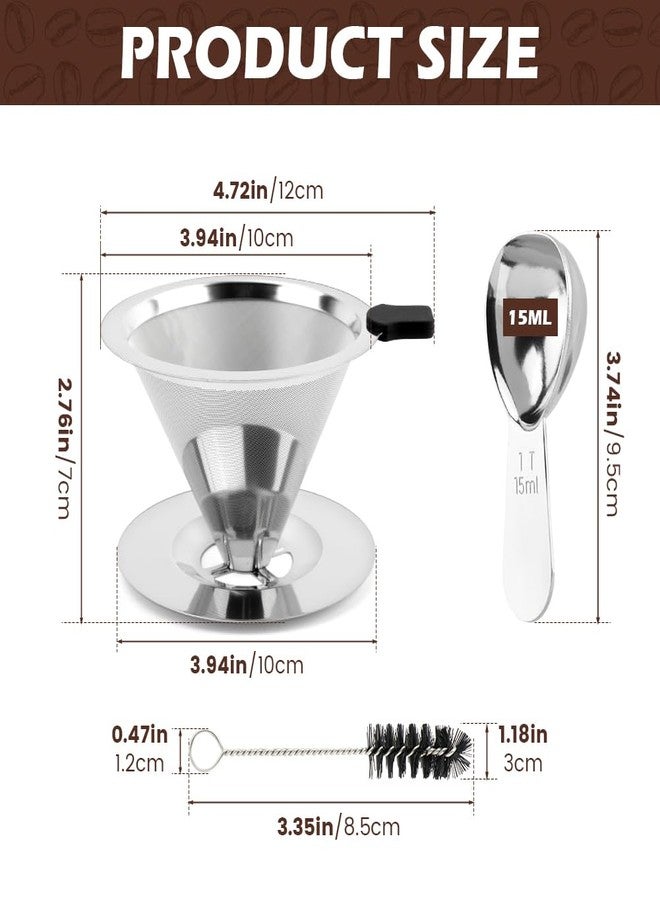Kryslanix Pour Over Coffee Dripper,Upgraded Double Micro Mesh Filter With Cleaning Brush & 15g Measuring Scoop,Stainless Steel Reusable Coffee Filters Metal Cone-Filter Paperles(1-2cups) - Image 2