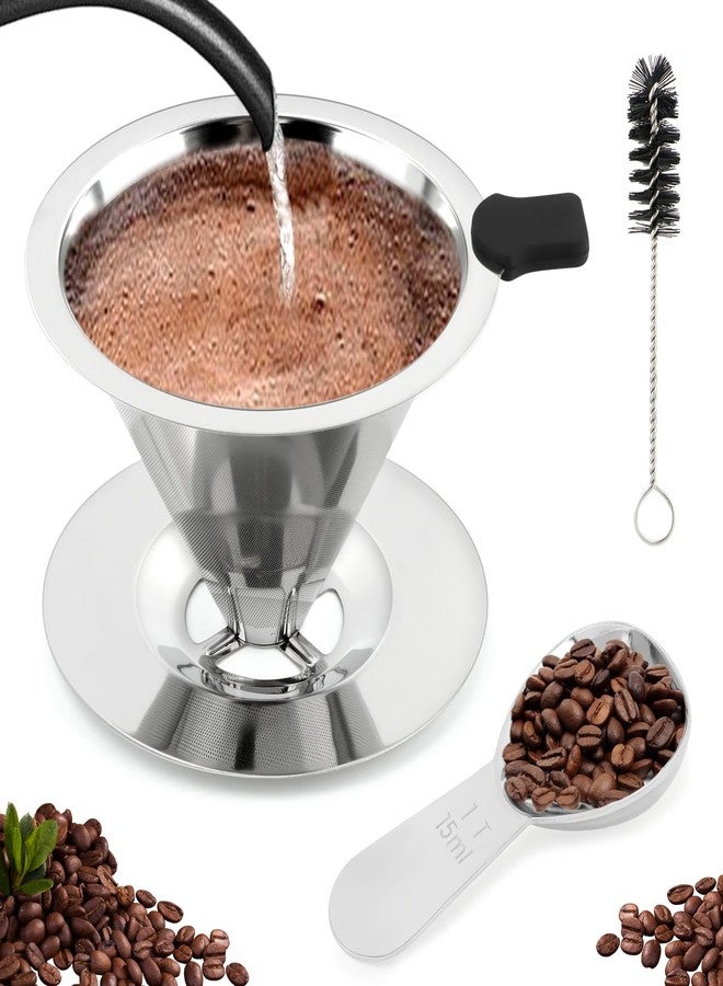 Kryslanix Pour Over Coffee Dripper,Upgraded Double Micro Mesh Filter With Cleaning Brush & 15g Measuring Scoop,Stainless Steel Reusable Coffee Filters Metal Cone-Filter Paperles(1-2cups) - Image 1