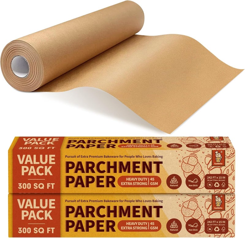 katbite 2 Value Pack 15in x 242ft, 300 Sq.Ft Unbleached Parchment Paper Roll for Baking, Parchment Baking Paper with Serrated Cutter, Non-stick Roll for Cooking, Air Fryer, Steaming, Bread - Image 1
