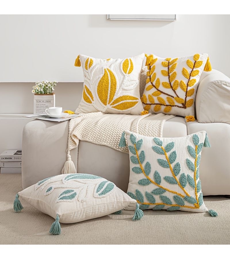 Yellow Chenille Velvet Embroidered Willow Branch Pillowcase Simple Elegant Home Decor - Image 2