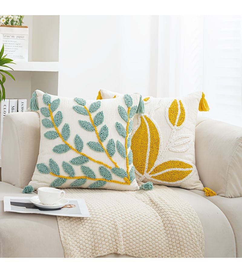 Yellow Chenille Velvet Embroidered Willow Branch Pillowcase Simple Elegant Home Decor - Image 4