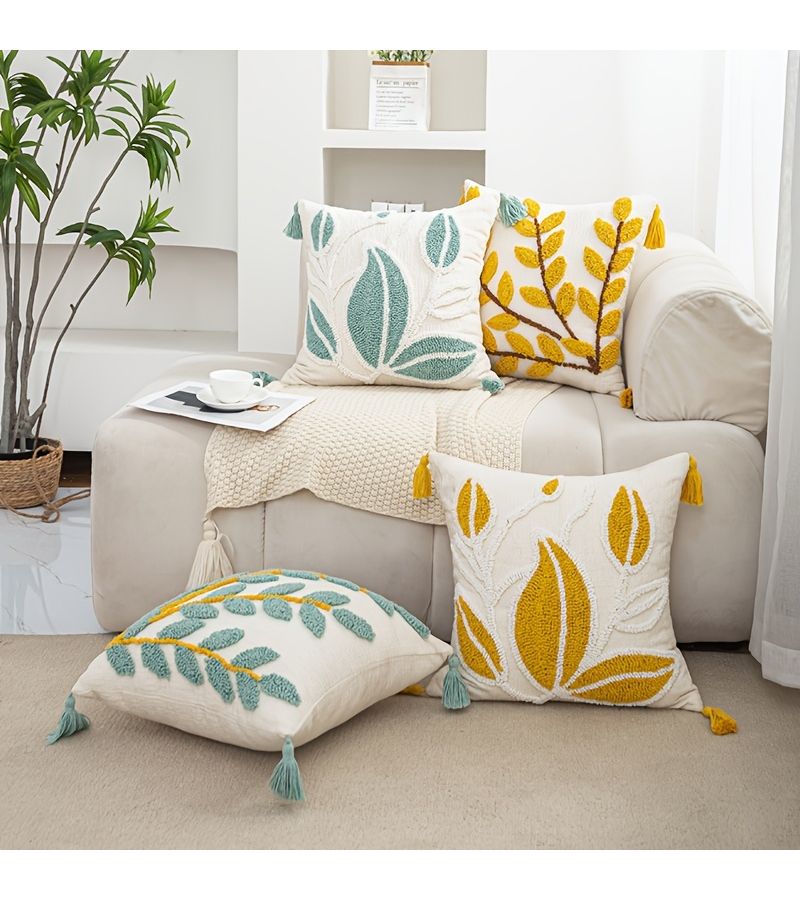 Yellow Chenille Velvet Embroidered Willow Branch Pillowcase Simple Elegant Home Decor - Image 1