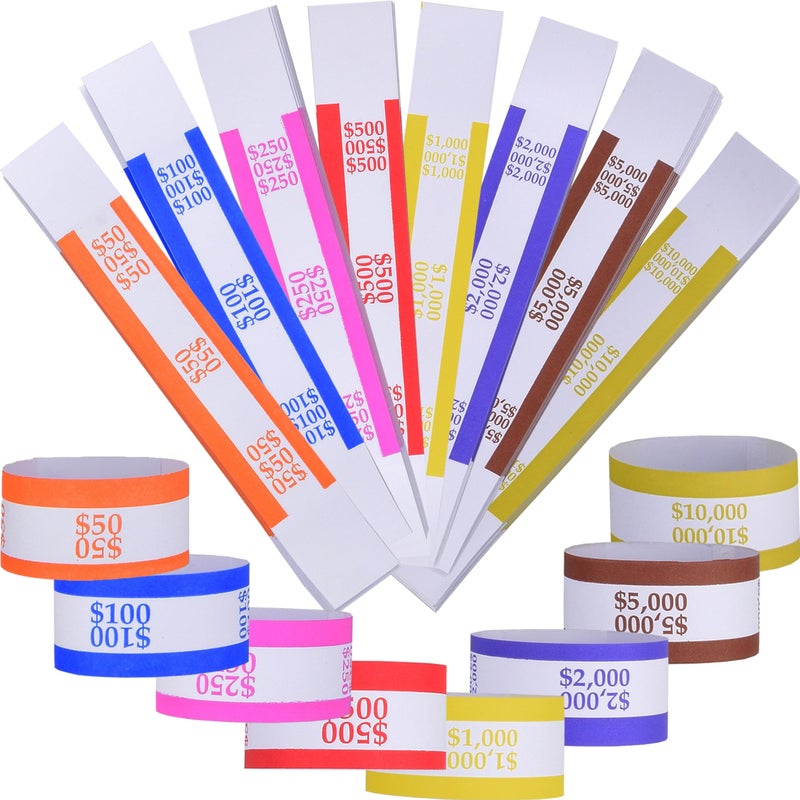 Queensell Pack of 800 Money Bands for Cash, Currency Straps, Money Straps for Bills, Cash Bands, Dollar Bill Wrappers to Organize Cash - Self-Adhesive Money Band, 8 Colors - 100 of Each Denomination - Image 1