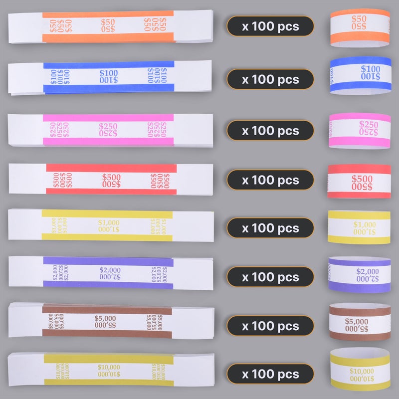 Queensell Pack of 800 Money Bands for Cash, Currency Straps, Money Straps for Bills, Cash Bands, Dollar Bill Wrappers to Organize Cash - Self-Adhesive Money Band, 8 Colors - 100 of Each Denomination - Image 3