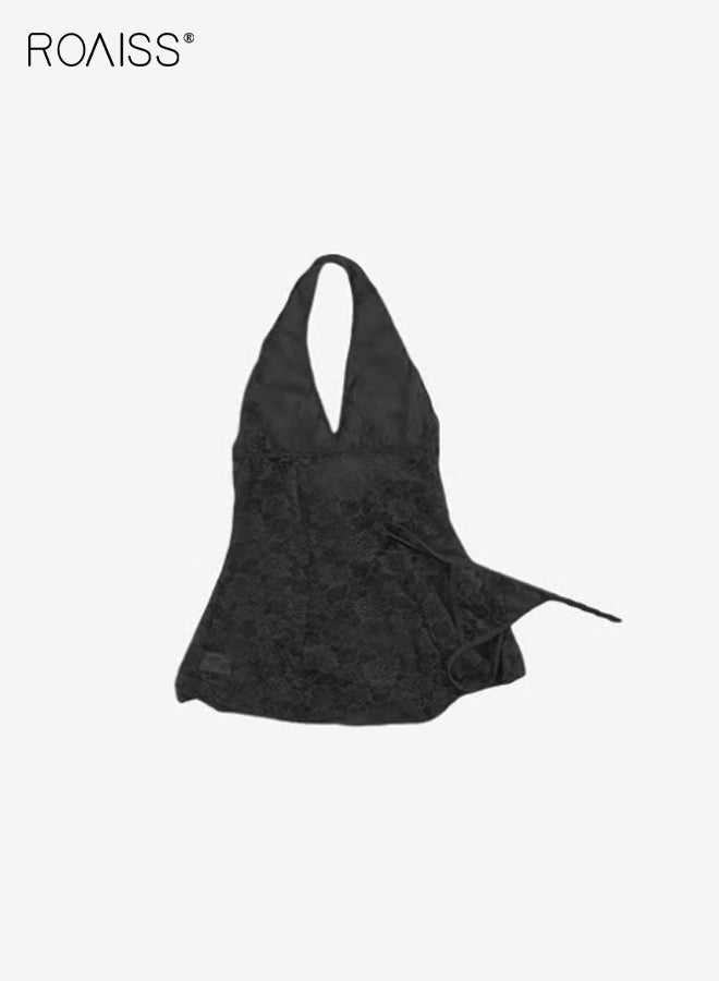 رويس طقم ملابس نوم دانتيل نسائي أنيق بدون أكمام وحزام ورقبة من الدانتيل وملابس داخلية - Image 1