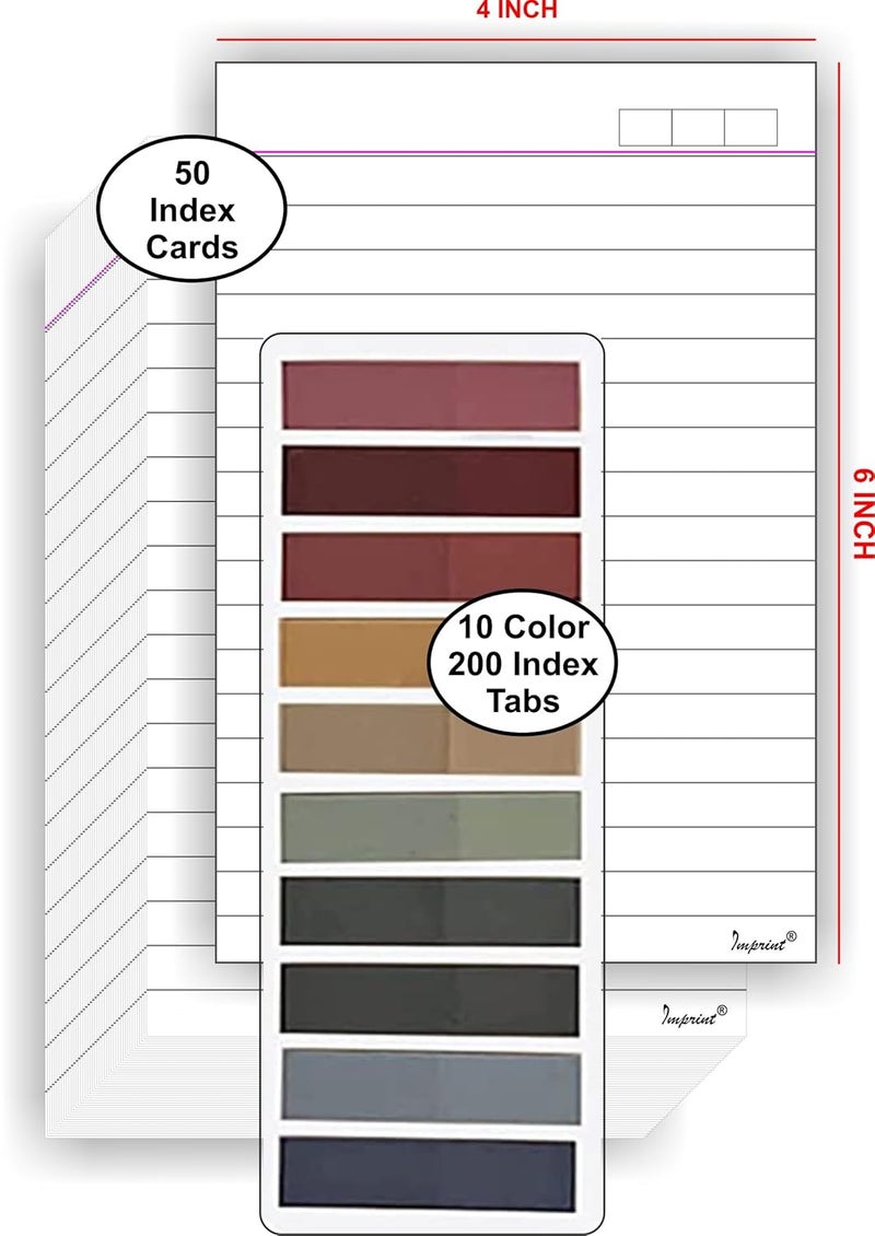 Imprint Ruled Index Cards. Size - 4 x 6 Ruled. 50 Cards, 220 GSM thick with 10 Colour Book tabs of 200 Pc Pack. - Image 2