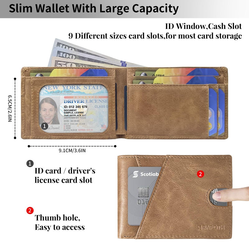 BAPOTH Mens Wallets Leather, Genuine Leather Wallets for Men, Bifold RFID Wallet for Men Slim with ID Window|Bills Slot|9 Card Slots, 2 Outer Pocket Slim Wallet for Men with Gift Box Packaging - Image 5