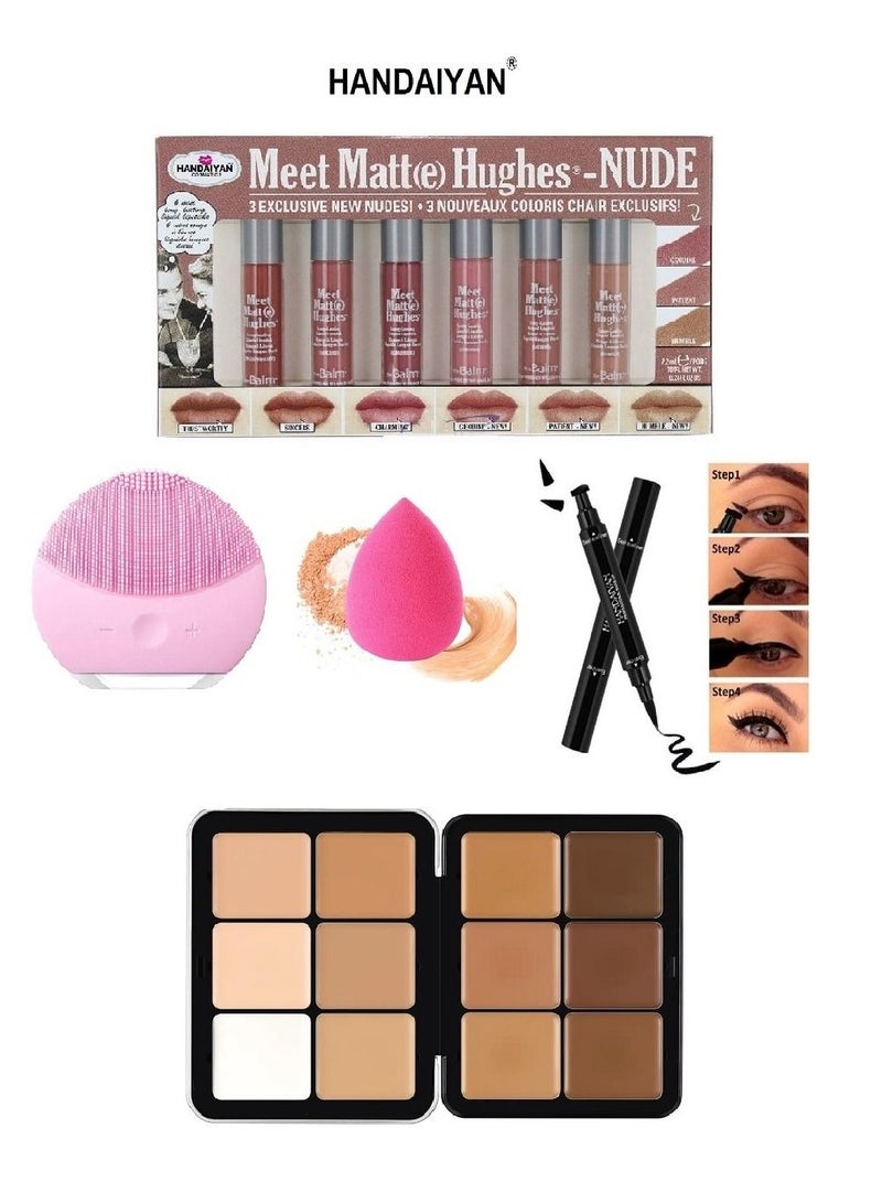 Handaiyan Face Makeup Essentials Set: Sponge + Silicone Applicator + Liquid Eyeliner + Creamy Contour Palette + Lipstick Set - Image 1