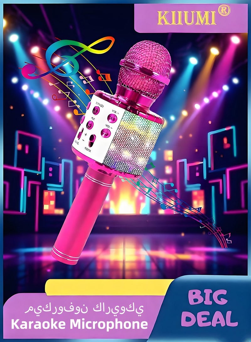 KIIUMI Wireless Bluetooth Karaoke Microphone for Kids, 5-in-1 Portable Handheld Karaoke Mic Speaker Player Recorder with Adjustable Remix FM Radio for Kids Girls Boys Teens Birthday(Pink) - Image 1